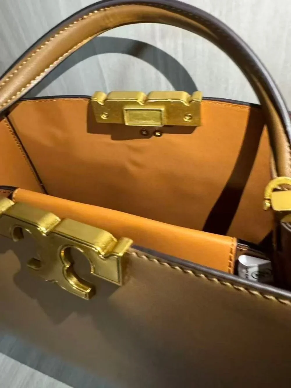 Tory Burch Taupe Smooth Leather Top‑Handle Satchel Gold‑Tone Logo Lock Handbag